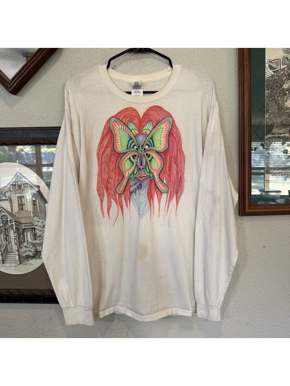 Vintage 00s Colorful Custom Trippy LSD Butterfly Bardo Art LS Shirt Sz Large